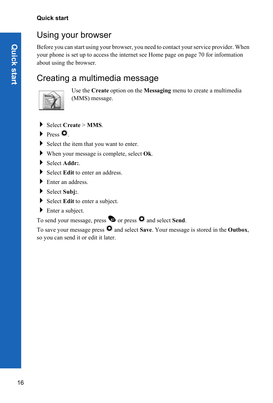 Using your browser, Creating a multimedia message | Panasonic X70 User Manual | Page 15 / 155