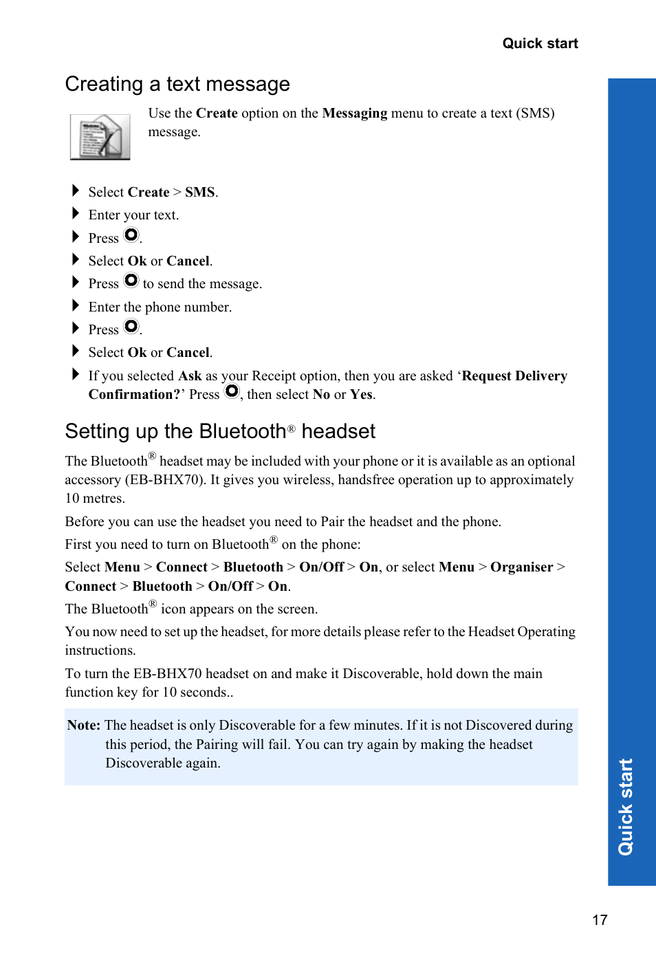 Creating a text message, Setting up the bluetooth® headset, Setting up the bluetooth | Headset, Qu ic k s tar t | Panasonic X70 User Manual | Page 16 / 155