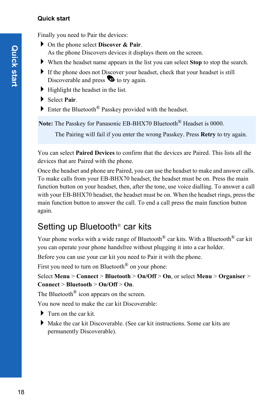 Setting up bluetooth® car kits, Setting up bluetooth, Car kits | Qu ic k s tar t | Panasonic X70 User Manual | Page 17 / 155