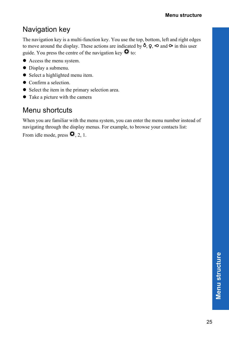 Navigation key, Menu shortcuts | Panasonic X70 User Manual | Page 24 / 155