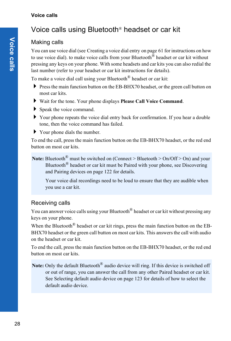 Voice calls using bluetooth® headset or car kit, Making calls, Receiving calls | Voice calls using bluetooth, Headset or car kit | Panasonic X70 User Manual | Page 27 / 155