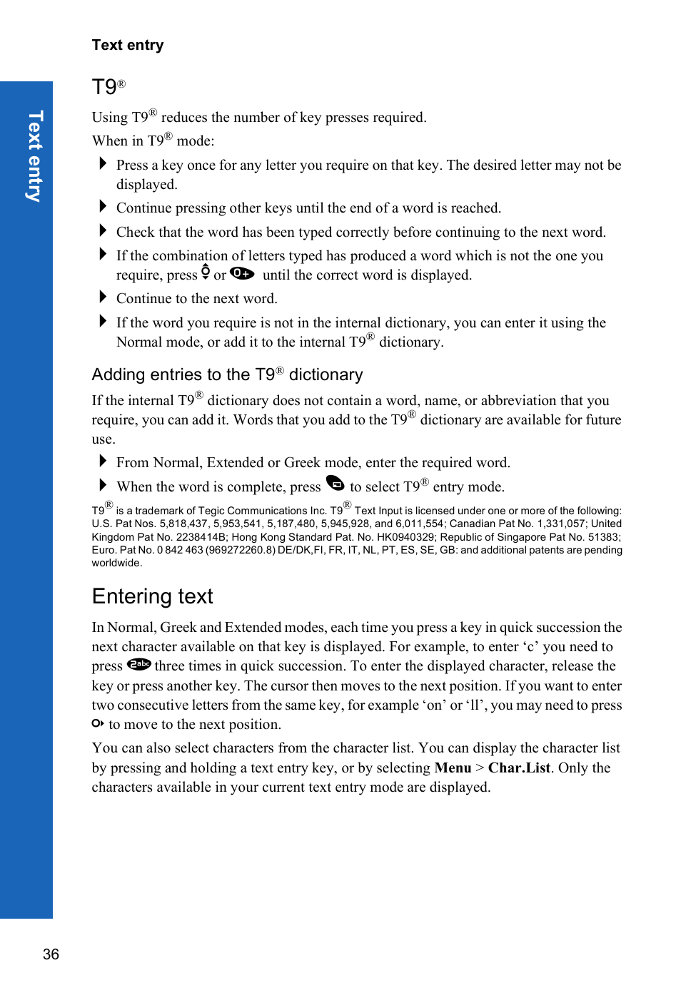 Adding entries to the t9® dictionary, Entering text, Tex t en try | Panasonic X70 User Manual | Page 35 / 155