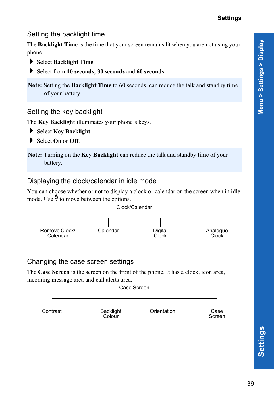 Setting the backlight time, Setting the key backlight, Displaying the clock/calendar in idle mode | Changing the case screen settings, Se ttings | Panasonic X70 User Manual | Page 38 / 155
