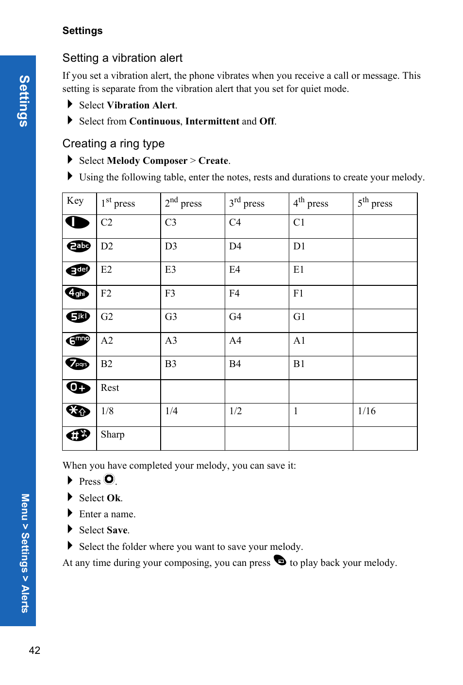 Setting a vibration alert, Creating a ring type, Setti ngs | Panasonic X70 User Manual | Page 41 / 155