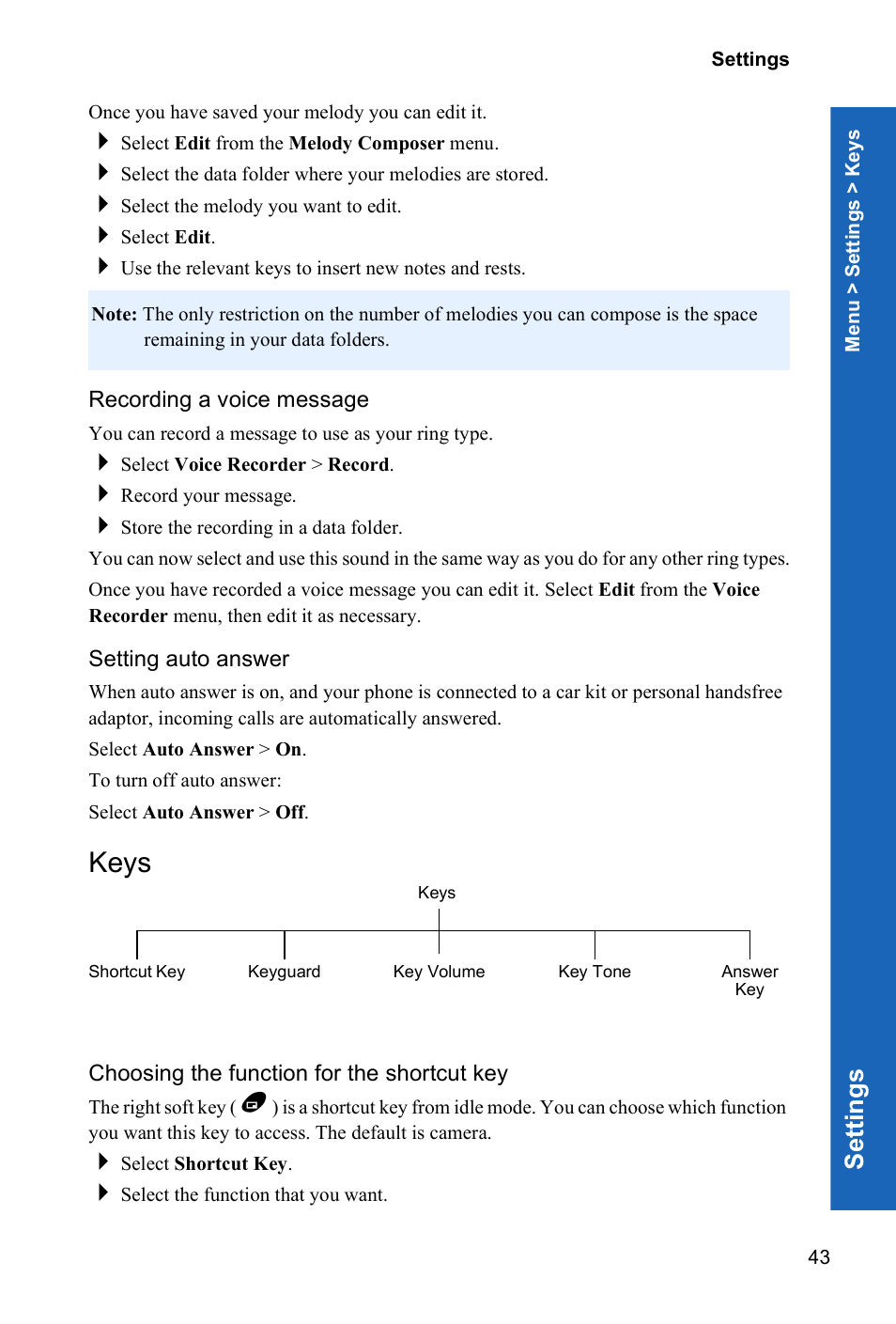 Recording a voice message, Setting auto answer, Keys | Choosing the function for the shortcut key, Se ttings | Panasonic X70 User Manual | Page 42 / 155