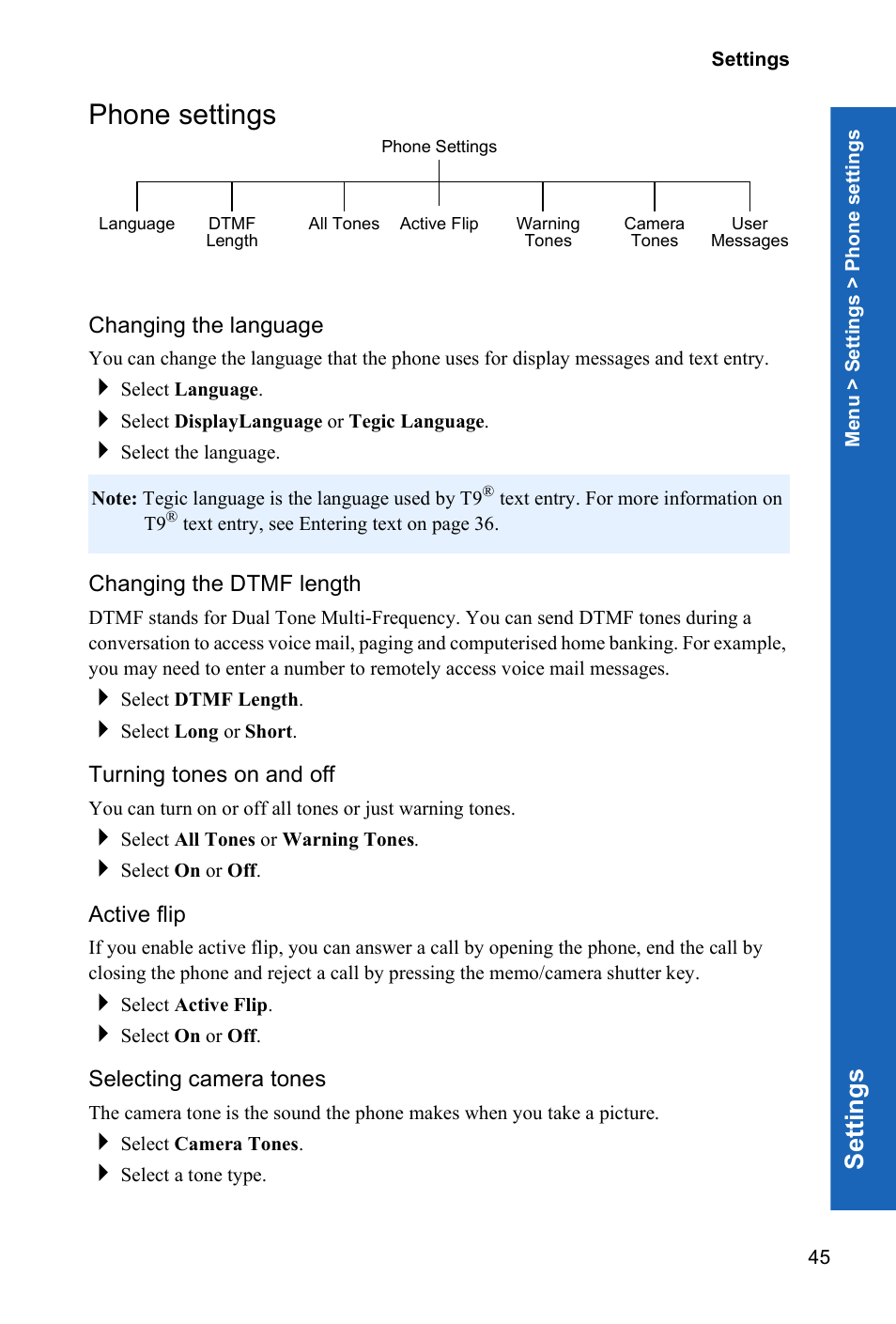 Phone settings, Changing the language, Changing the dtmf length | Turning tones on and off, Active flip, Selecting camera tones, Se ttings | Panasonic X70 User Manual | Page 44 / 155