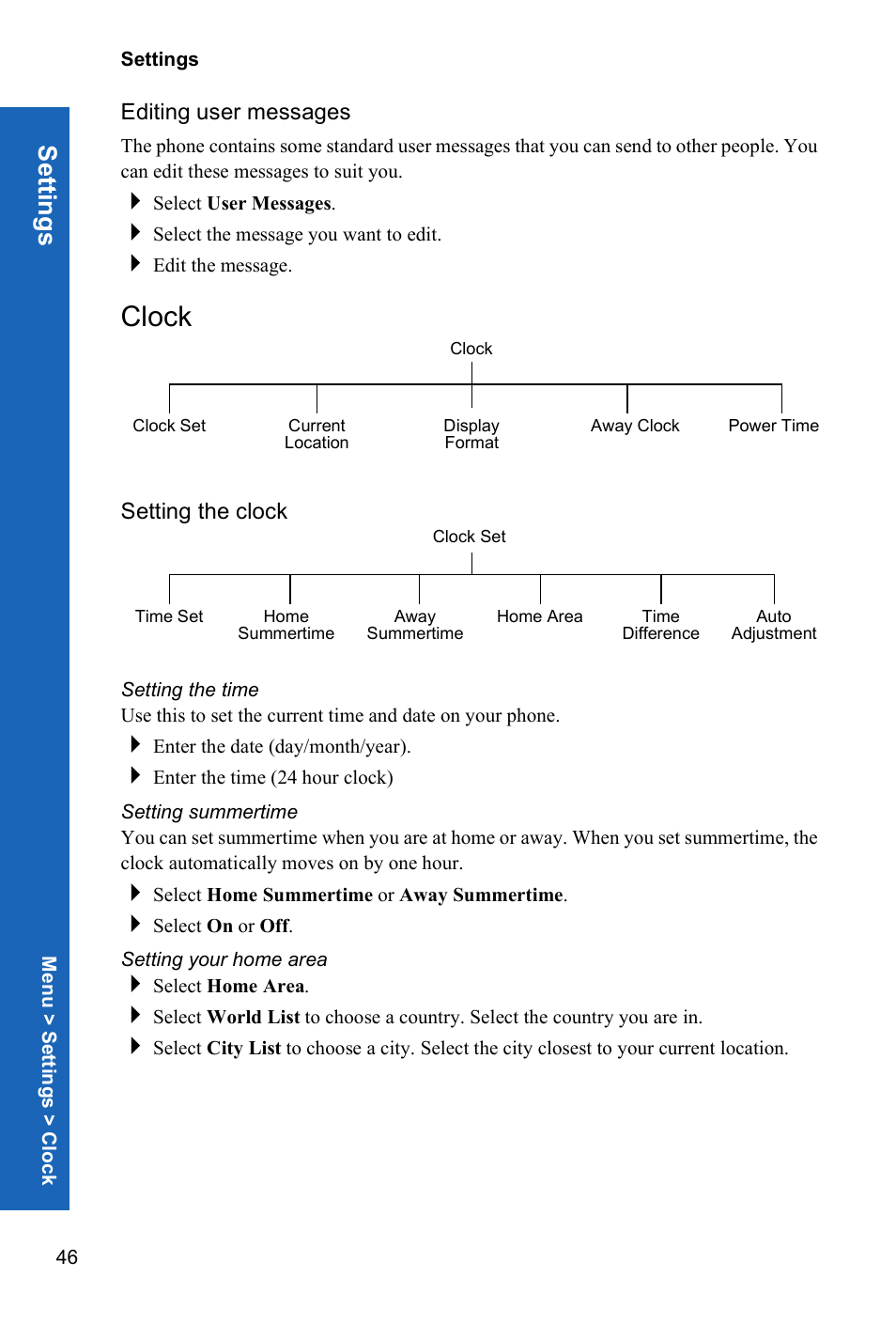 Editing user messages, Clock, Setting the clock | Setting the time, Setting summertime, Setting your home area, Setti ngs | Panasonic X70 User Manual | Page 45 / 155