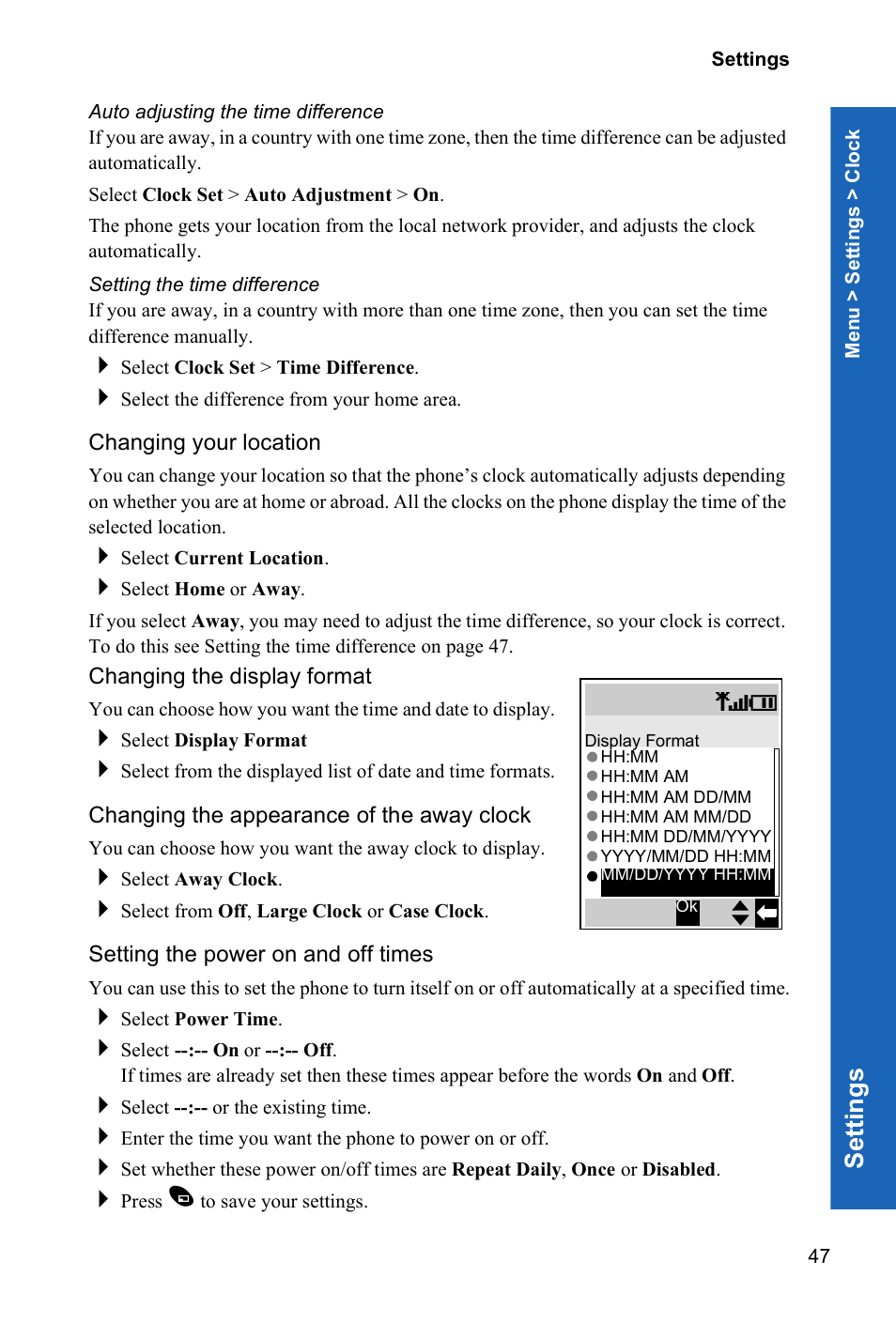 Auto adjusting the time difference, Setting the time difference, Changing your location | Changing the appearance of the away clock, Setting the power on and off times, Se ttings | Panasonic X70 User Manual | Page 46 / 155