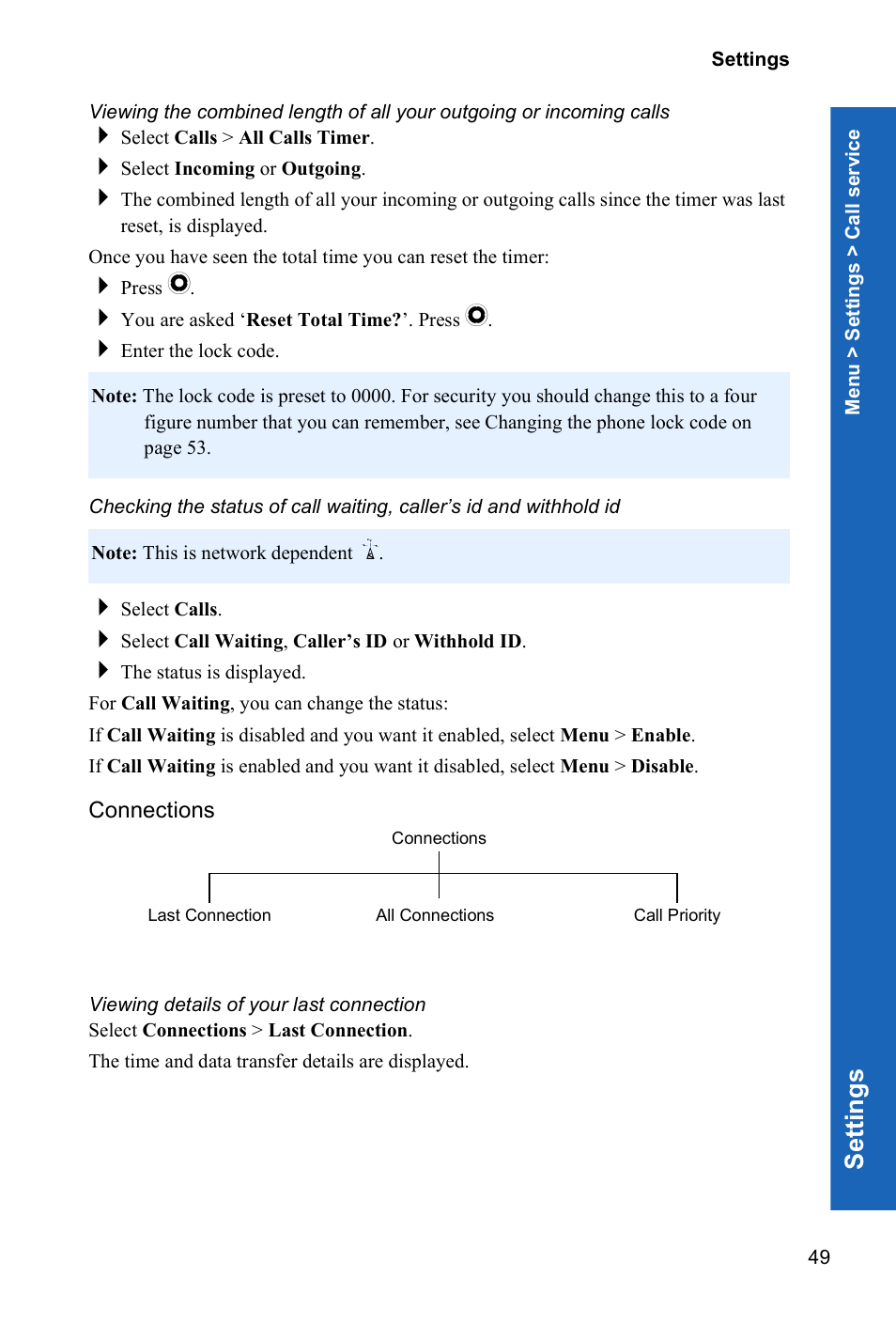 Connections, Viewing details of your last connection, Se ttings | Panasonic X70 User Manual | Page 48 / 155