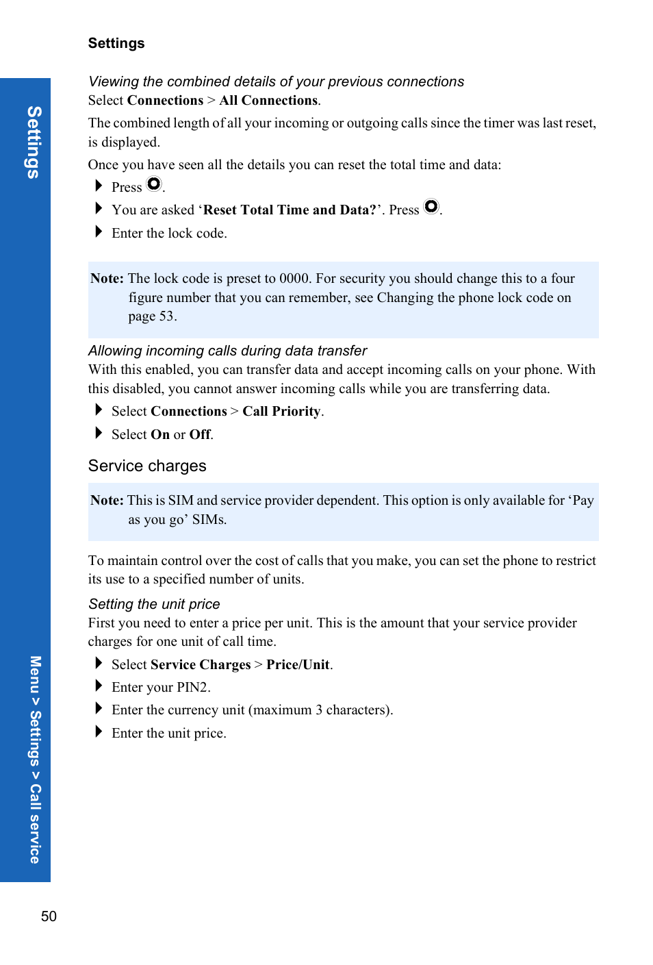 Allowing incoming calls during data transfer, Service charges, Setting the unit price | Setti ngs | Panasonic X70 User Manual | Page 49 / 155