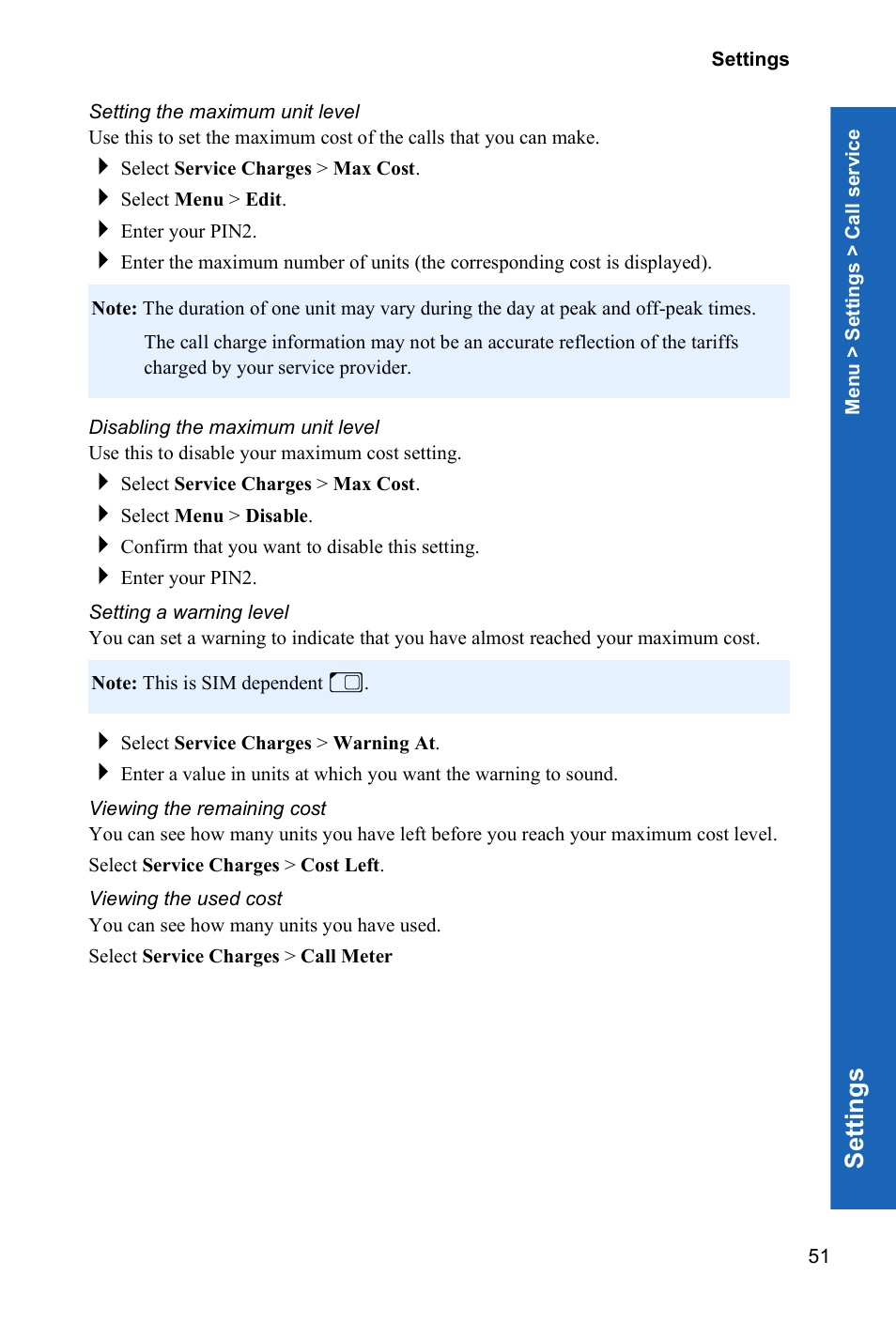 Setting the maximum unit level, Disabling the maximum unit level, Setting a warning level | Viewing the remaining cost, Viewing the used cost, Se ttings | Panasonic X70 User Manual | Page 50 / 155