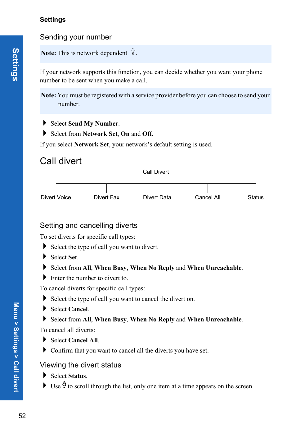 Sending your number, Call divert, Setting and cancelling diverts | Viewing the divert status, Setti ngs | Panasonic X70 User Manual | Page 51 / 155