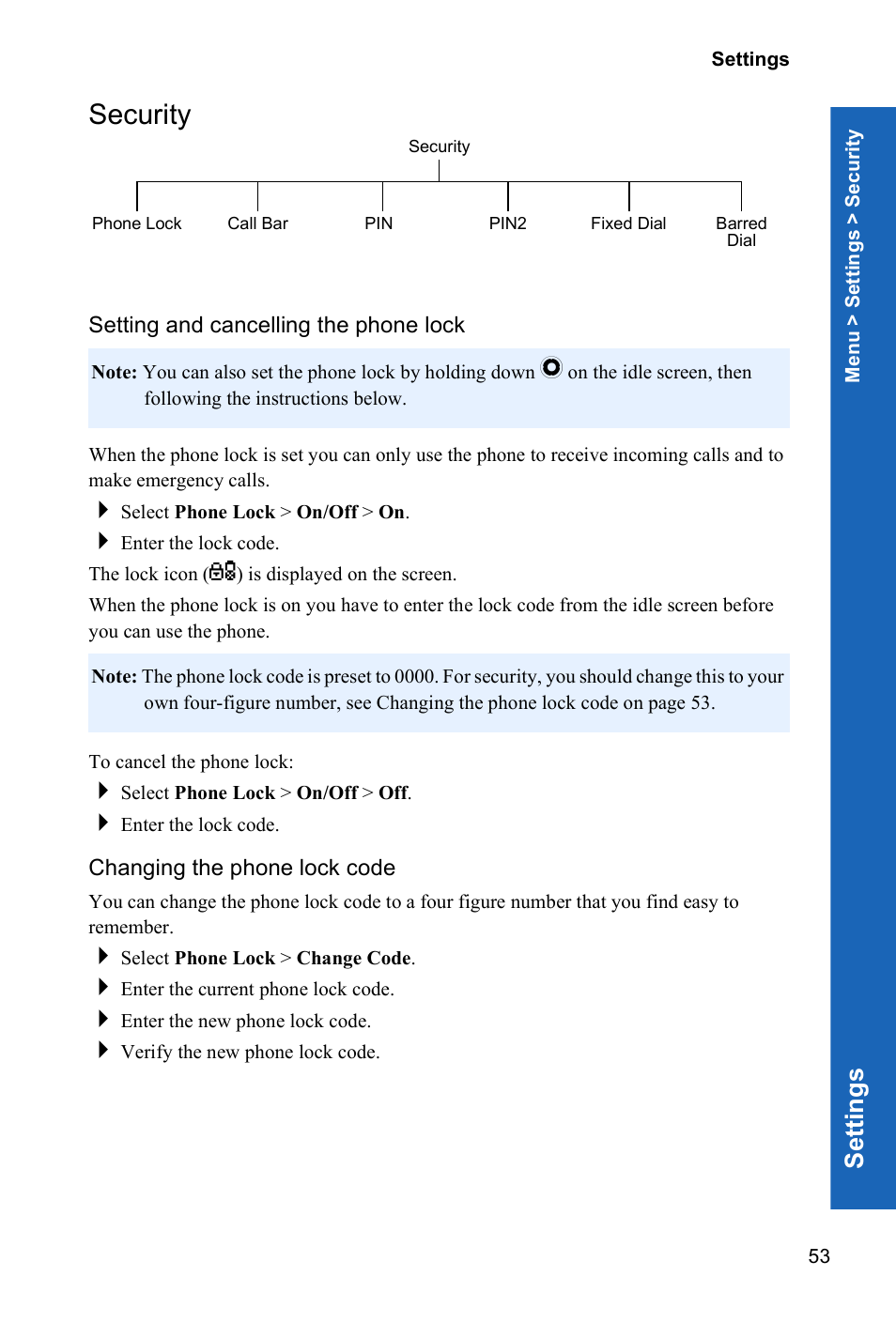 Security, Setting and cancelling the phone lock, Changing the phone lock code | Se ttings | Panasonic X70 User Manual | Page 52 / 155
