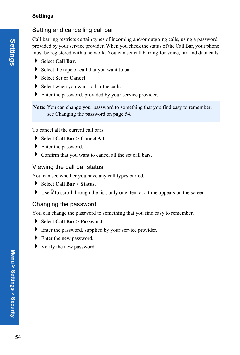 Setting and cancelling call bar, Viewing the call bar status, Changing the password | Setti ngs | Panasonic X70 User Manual | Page 53 / 155