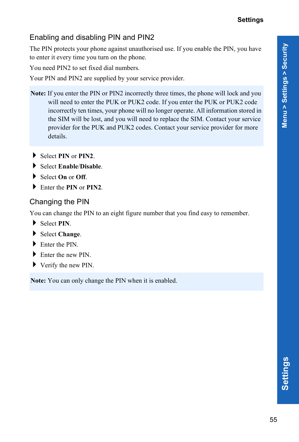 Enabling and disabling pin and pin2, Changing the pin, Se ttings | Panasonic X70 User Manual | Page 54 / 155