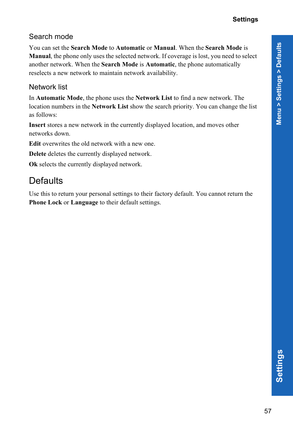 Search mode, Network list, Defaults | Se ttings | Panasonic X70 User Manual | Page 56 / 155