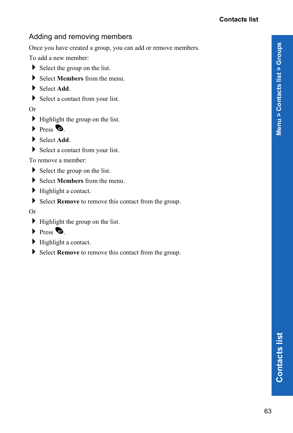 Adding and removing members, Co n tacts lis t | Panasonic X70 User Manual | Page 62 / 155