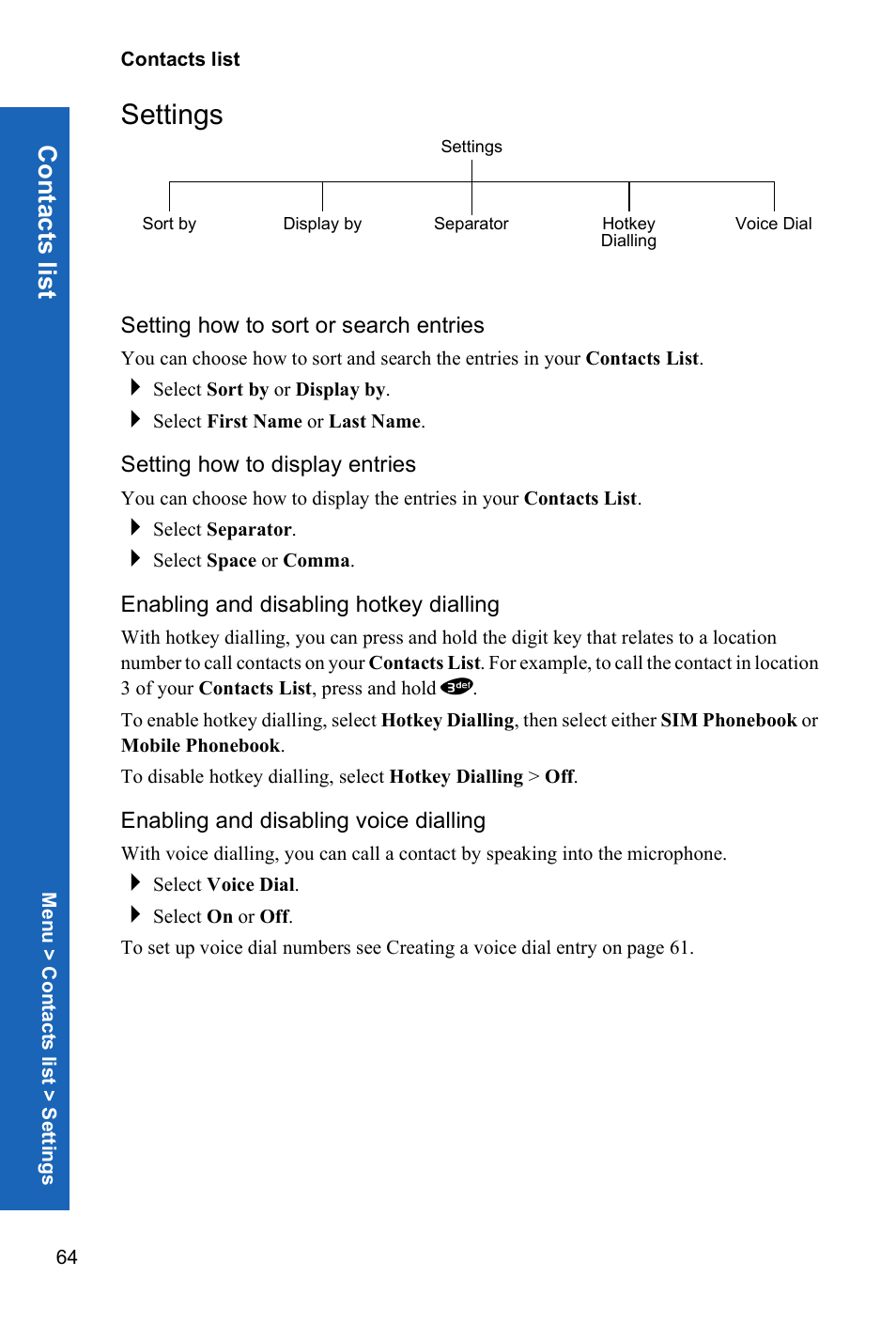Settings, Setting how to sort or search entries, Setting how to display entries | Enabling and disabling hotkey dialling, Enabling and disabling voice dialling, Conta c ts list | Panasonic X70 User Manual | Page 63 / 155