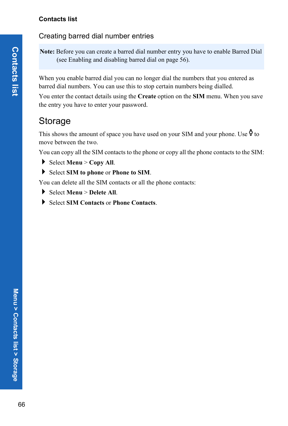 Creating barred dial number entries, Storage, Conta c ts list | Panasonic X70 User Manual | Page 65 / 155