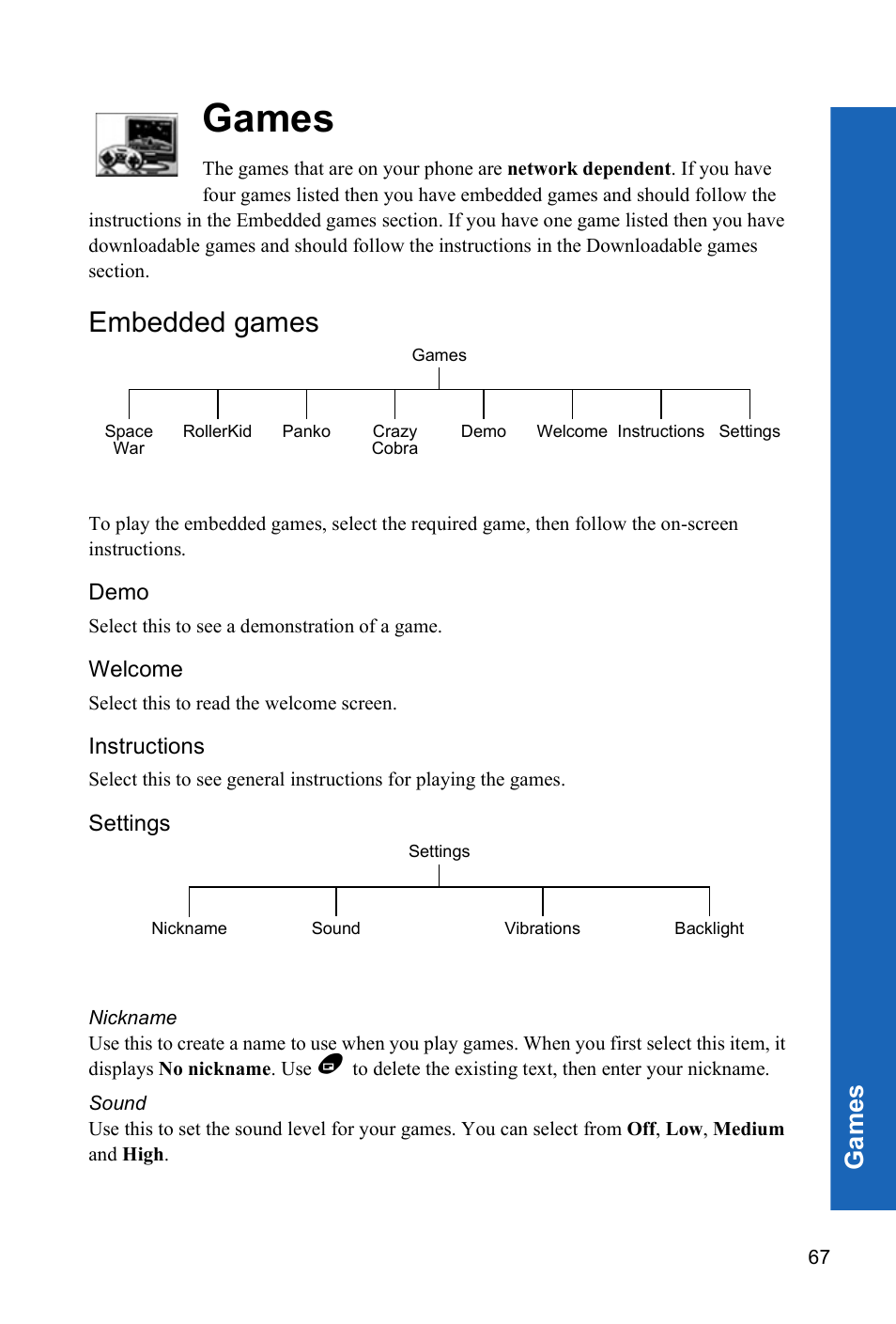 Games, Embedded games, Demo | Welcome, Instructions, Settings, Nickname, Sound, Ga me s | Panasonic X70 User Manual | Page 66 / 155