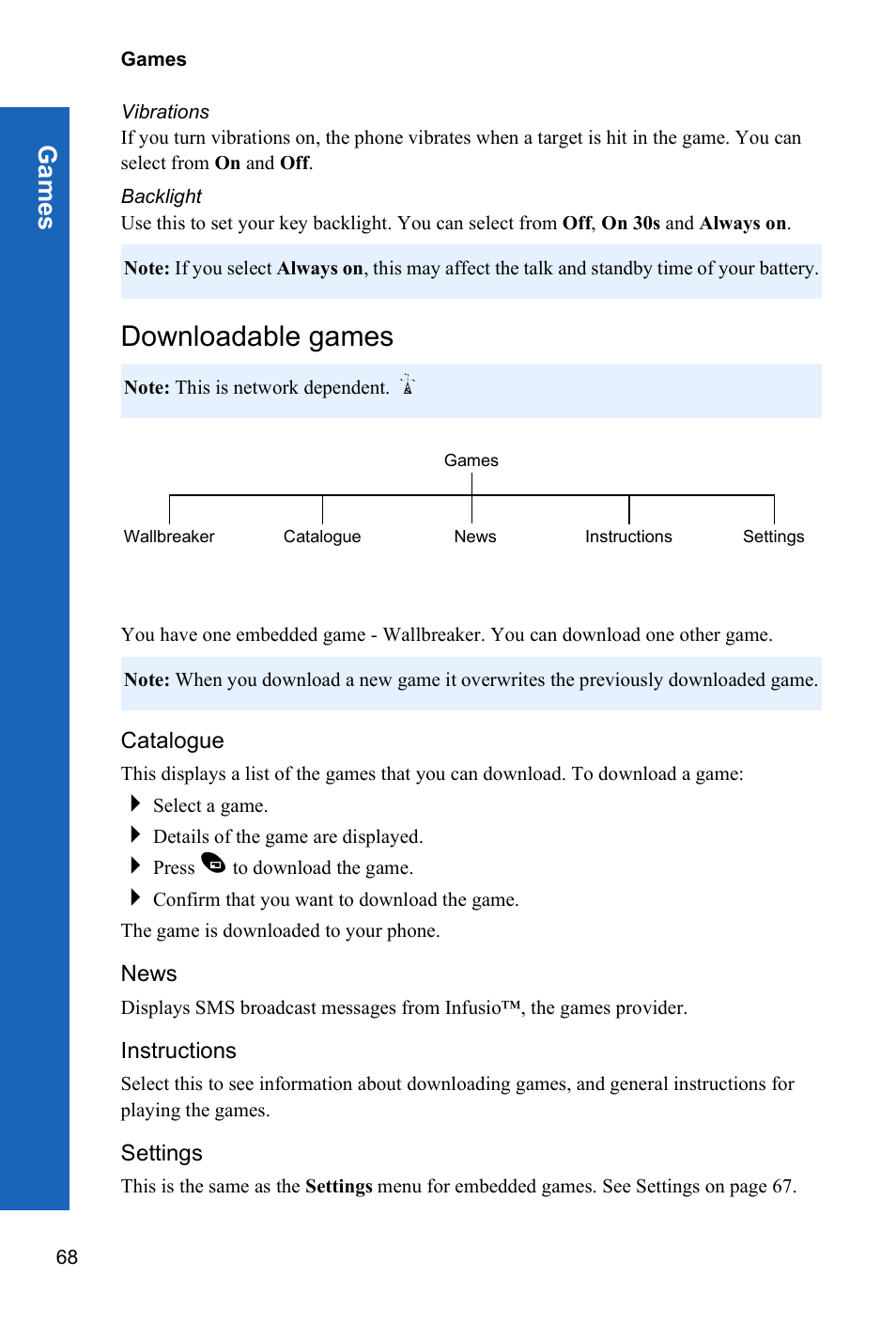Vibrations, Backlight, Downloadable games | Catalogue, News, Instructions, Settings, Ga m es | Panasonic X70 User Manual | Page 67 / 155