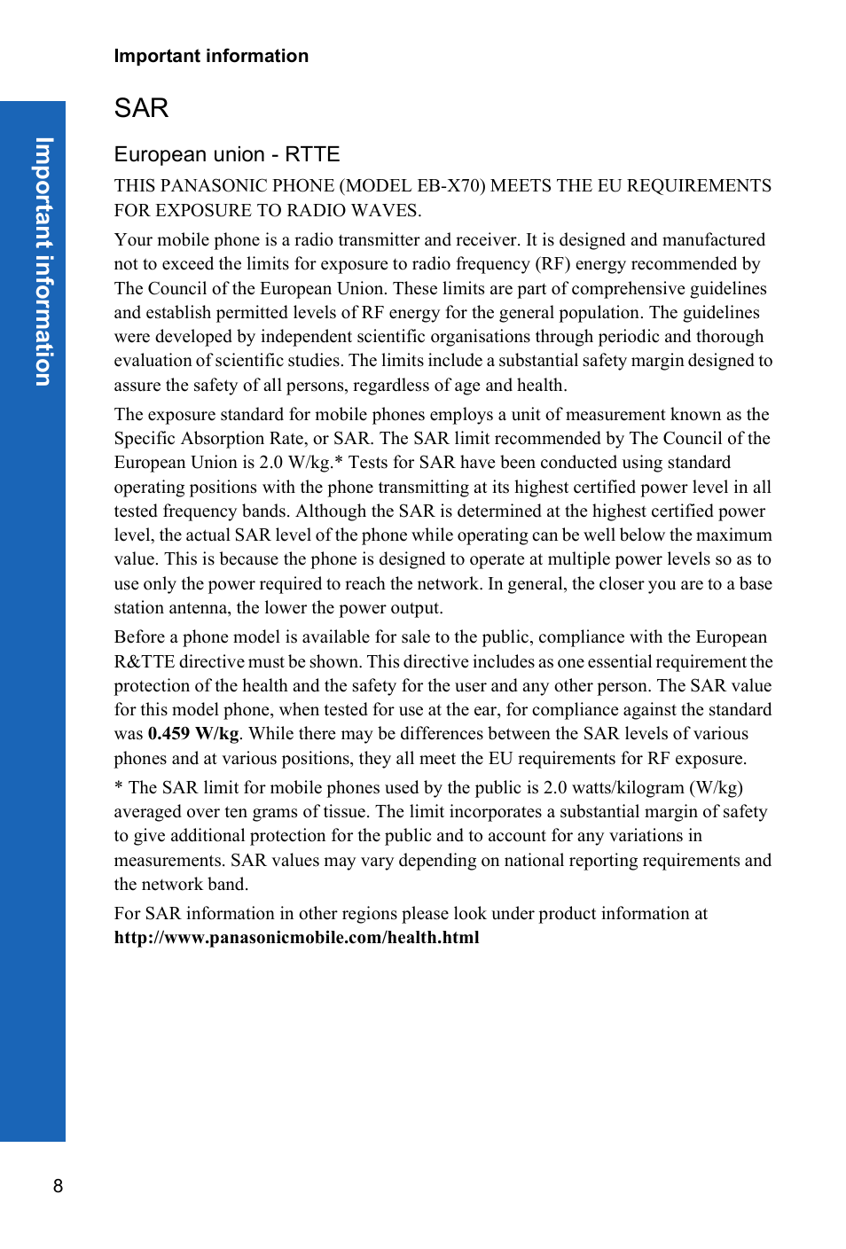 European union - rtte | Panasonic X70 User Manual | Page 7 / 155