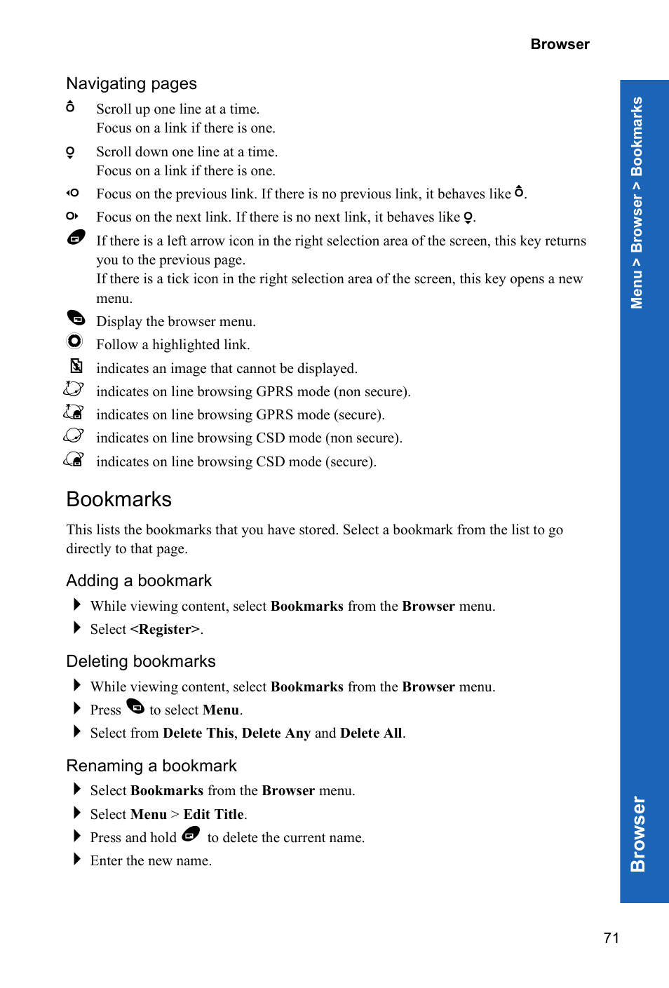 Bookmarks, Adding a bookmark, Deleting bookmarks | Renaming a bookmark, Brows er | Panasonic X70 User Manual | Page 70 / 155