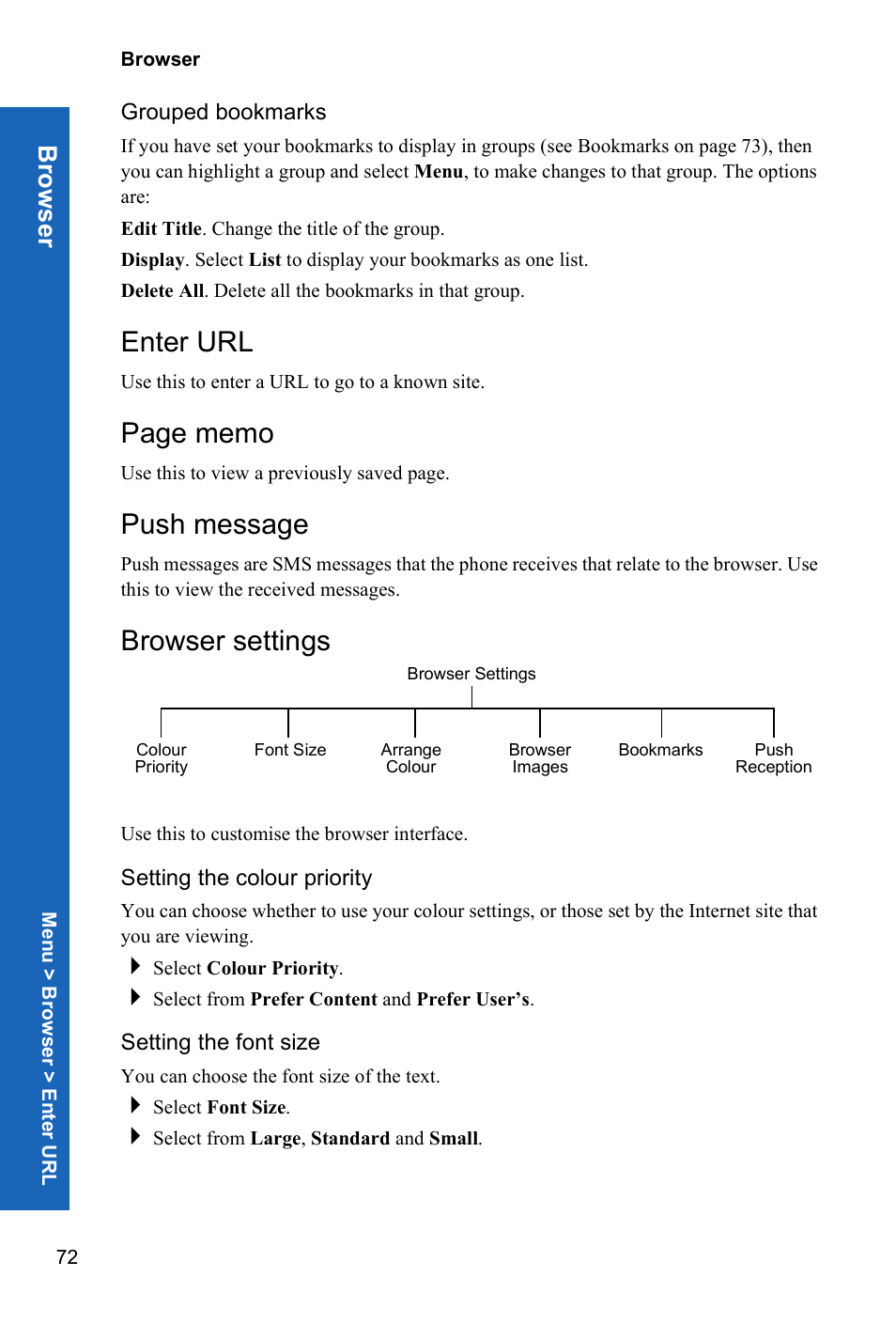Grouped bookmarks, Enter url, Push message | Browser settings, Setting the colour priority, Setting the font size, Brow ser | Panasonic X70 User Manual | Page 71 / 155