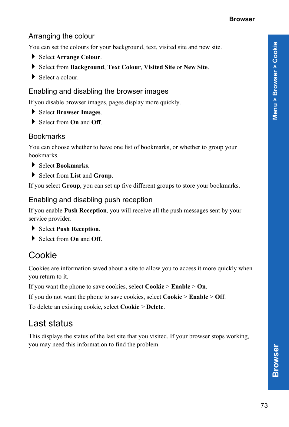 Arranging the colour, Enabling and disabling the browser images, Bookmarks | Enabling and disabling push reception, Cookie, Last status, Brows er | Panasonic X70 User Manual | Page 72 / 155