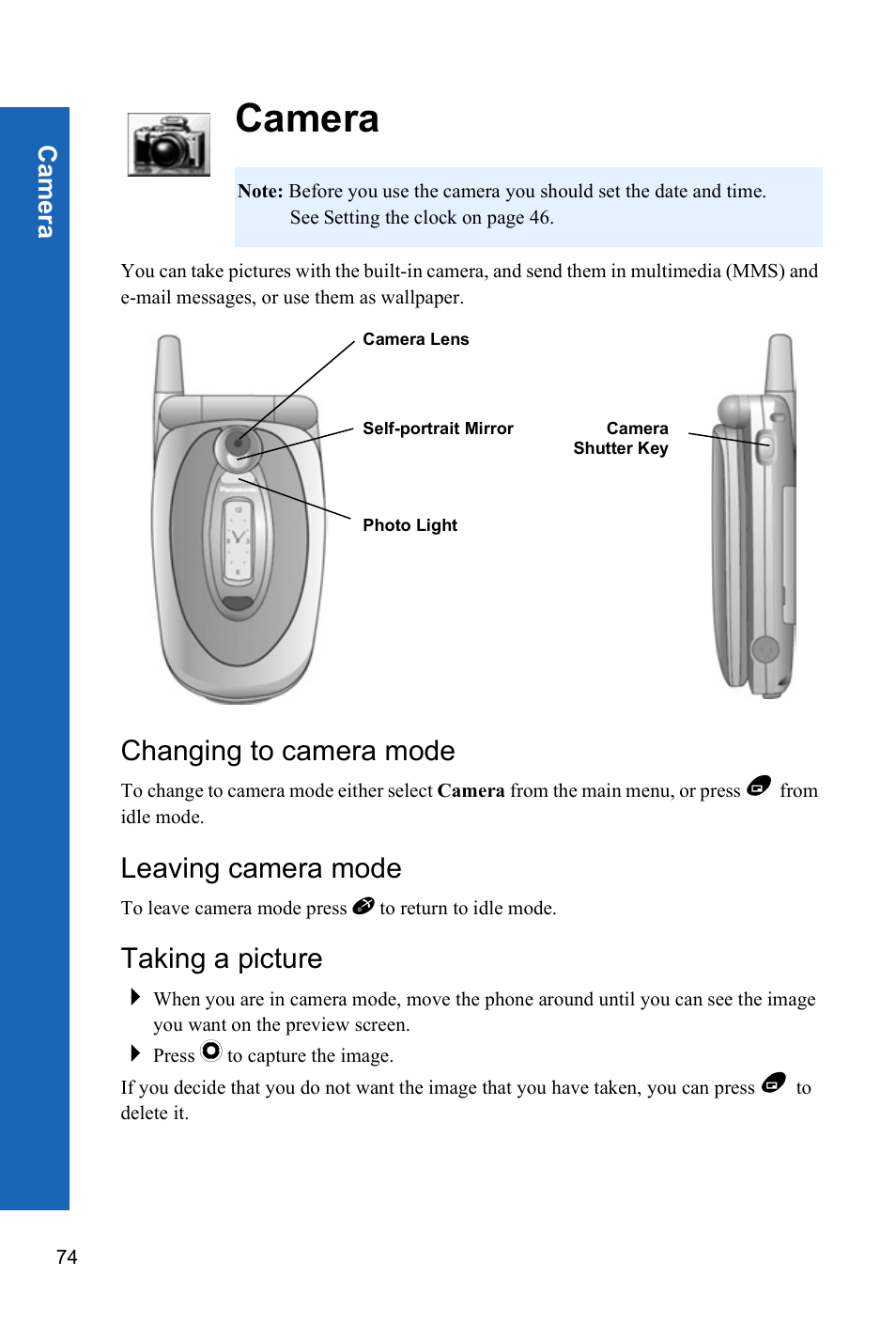 Camera, Changing to camera mode, Leaving camera mode | Taking a picture, Ca m e ra | Panasonic X70 User Manual | Page 73 / 155