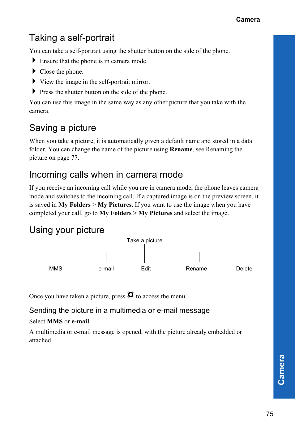 Taking a self-portrait, Saving a picture, Incoming calls when in camera mode | Using your picture, Ca m e ra | Panasonic X70 User Manual | Page 74 / 155