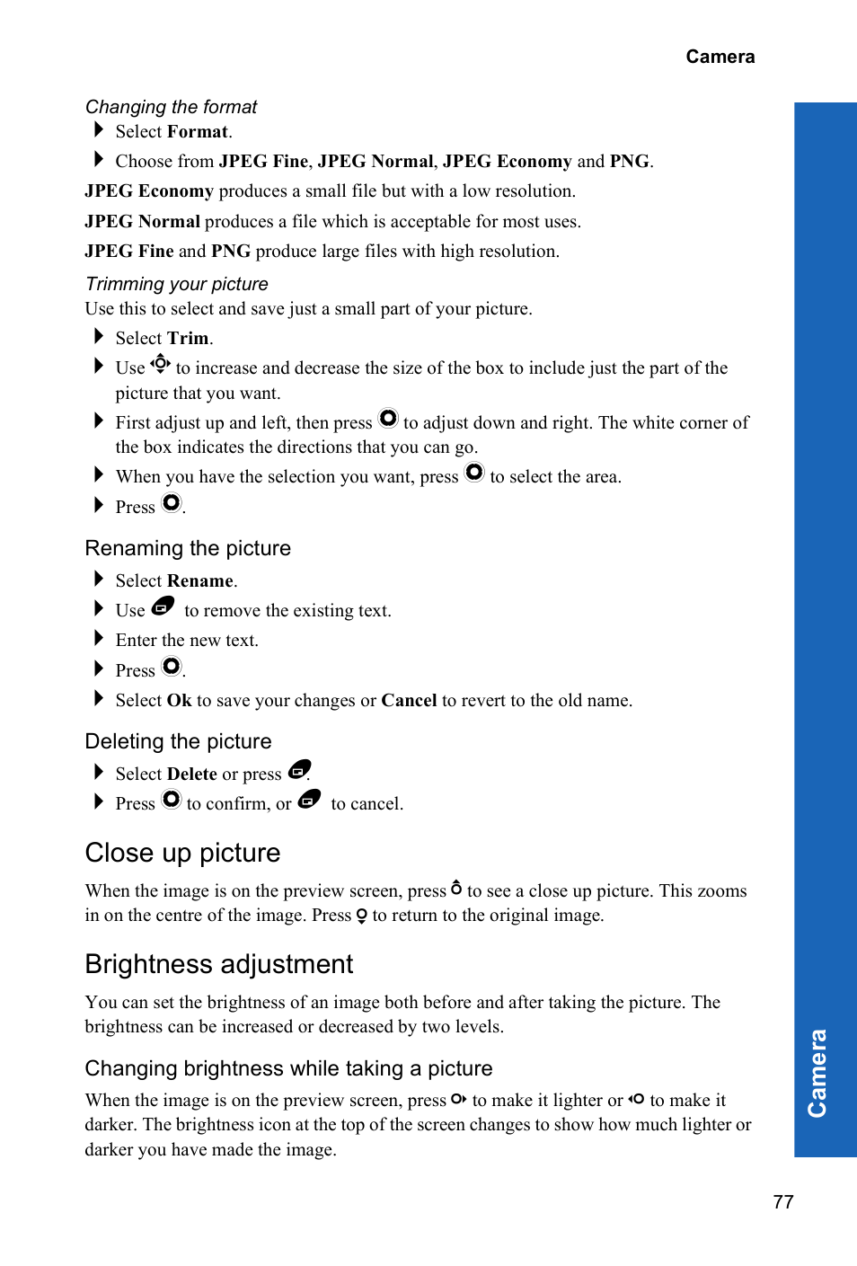 Changing the format, Trimming your picture, Renaming the picture | Deleting the picture, Close up picture, Brightness adjustment, Changing brightness while taking a picture | Panasonic X70 User Manual | Page 76 / 155