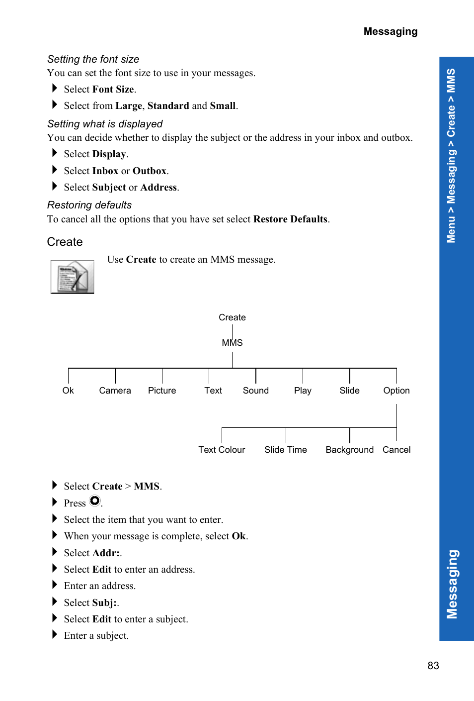 Setting the font size, Setting what is displayed, Restoring defaults | Create, Me ssagi n g | Panasonic X70 User Manual | Page 82 / 155