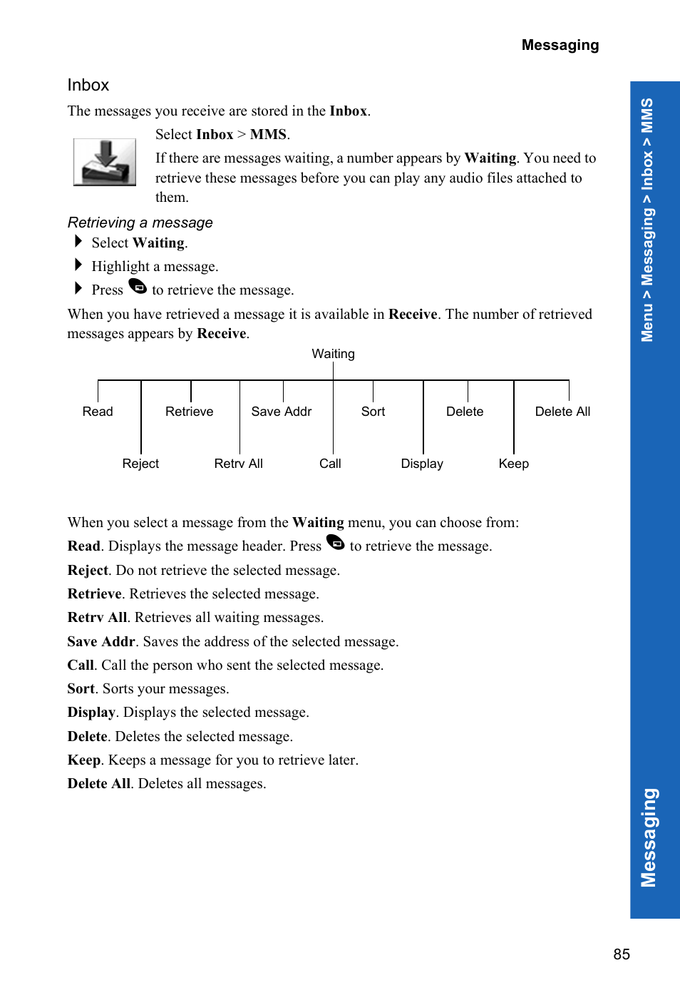 Inbox, Retrieving a message, Me ssagi n g | Panasonic X70 User Manual | Page 84 / 155