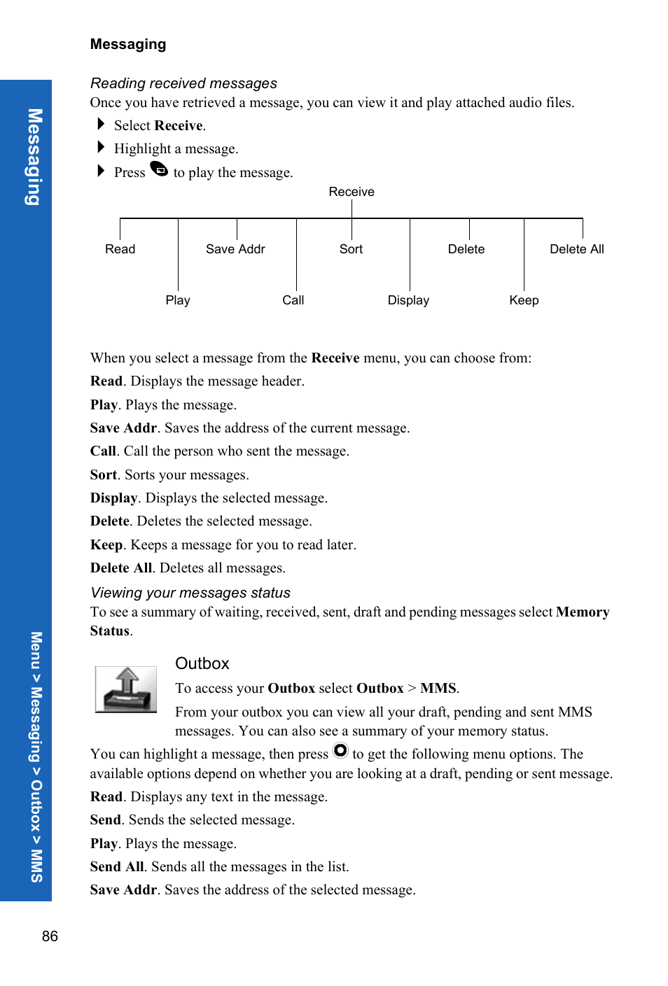 Reading received messages, Viewing your messages status, Outbox | Me ss agin g | Panasonic X70 User Manual | Page 85 / 155