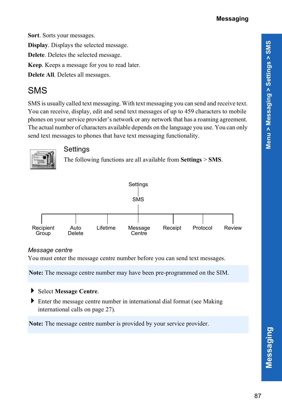 Settings, Message centre, Me ssagi n g | Panasonic X70 User Manual | Page 86 / 155