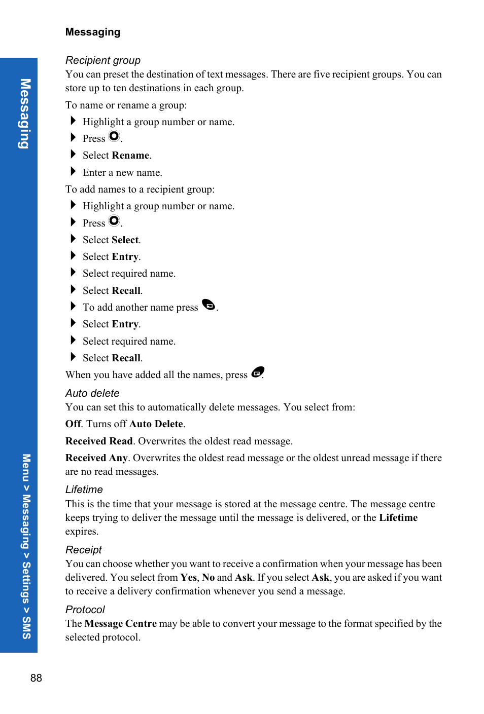 Recipient group, Auto delete, Lifetime | Receipt, Protocol, Me ss agin g | Panasonic X70 User Manual | Page 87 / 155