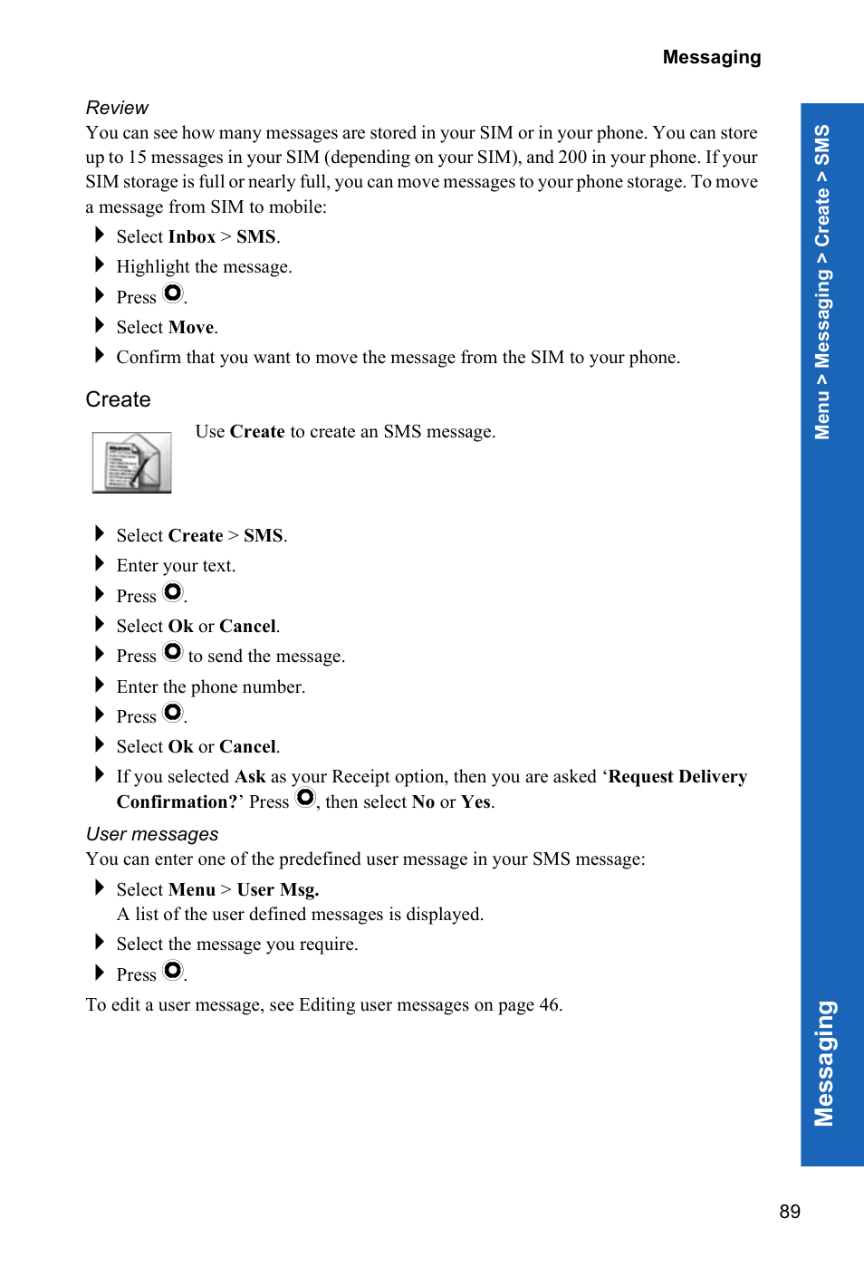 Review, Create, User messages | Me ssagi n g | Panasonic X70 User Manual | Page 88 / 155
