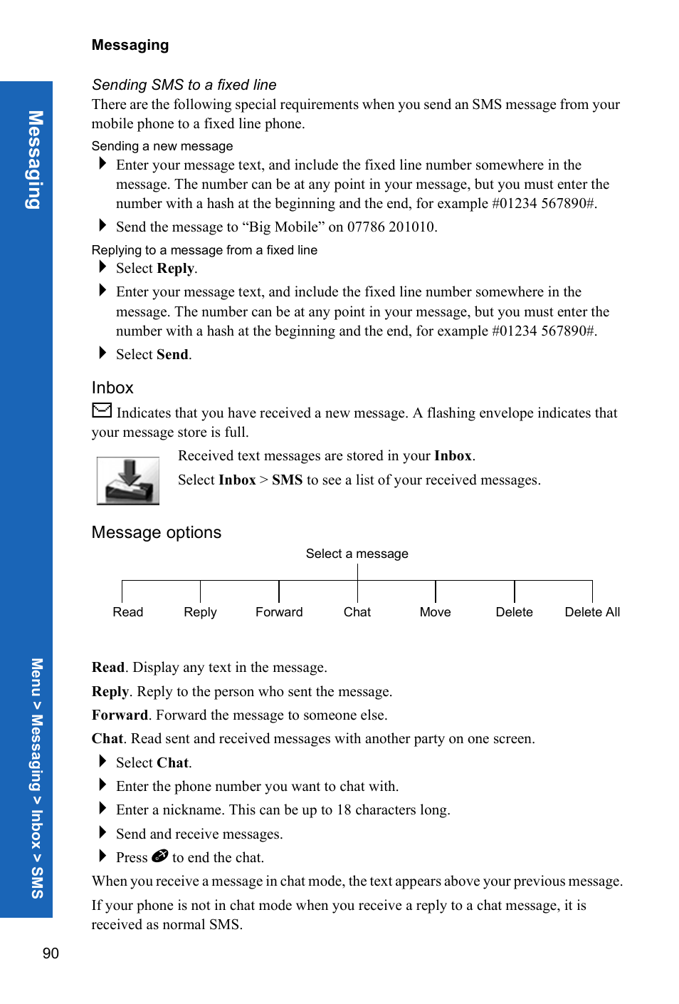 Sending sms to a fixed line, Inbox, Message options | Me ss agin g | Panasonic X70 User Manual | Page 89 / 155