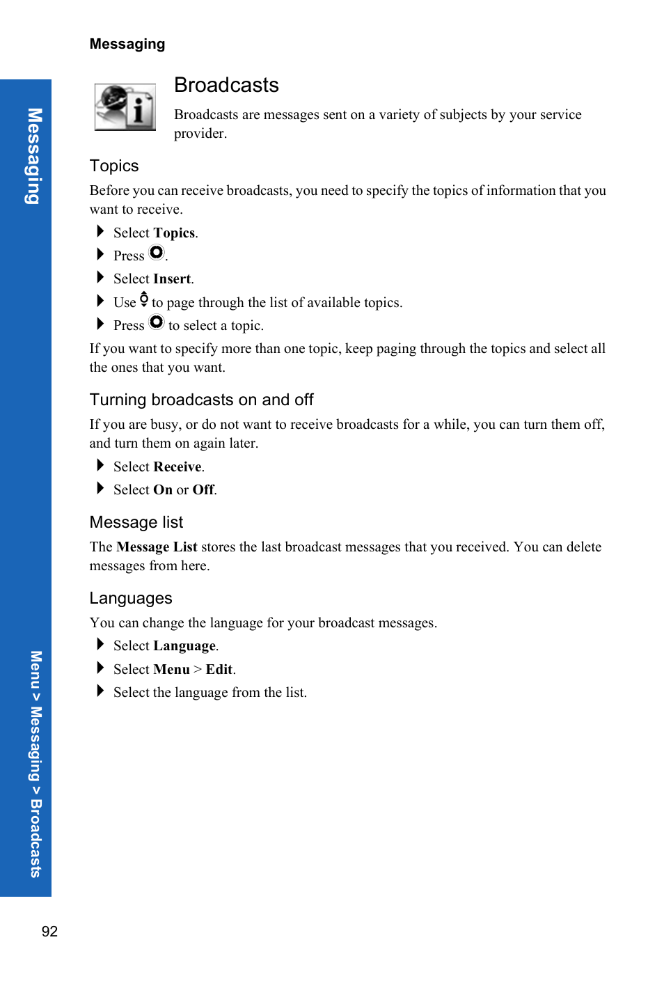 Broadcasts, Topics, Turning broadcasts on and off | Message list, Languages, Me ss agin g | Panasonic X70 User Manual | Page 91 / 155
