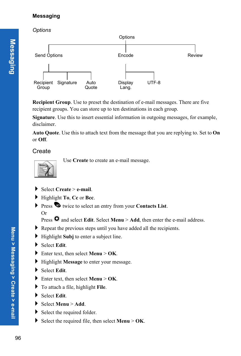 Options, Create, Me ss agin g | Panasonic X70 User Manual | Page 95 / 155