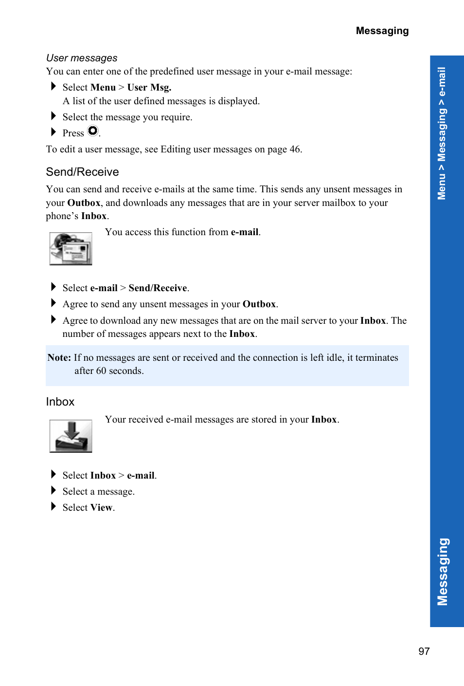 User messages, Send/receive, Inbox | Me ssagi n g | Panasonic X70 User Manual | Page 96 / 155