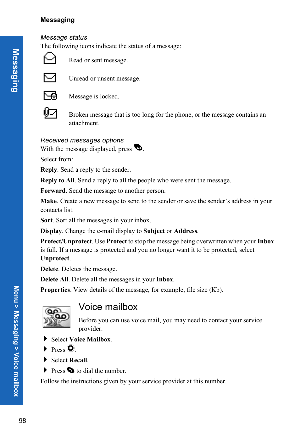 Message status, Received messages options, Voice mailbox | Me ss agin g | Panasonic X70 User Manual | Page 97 / 155