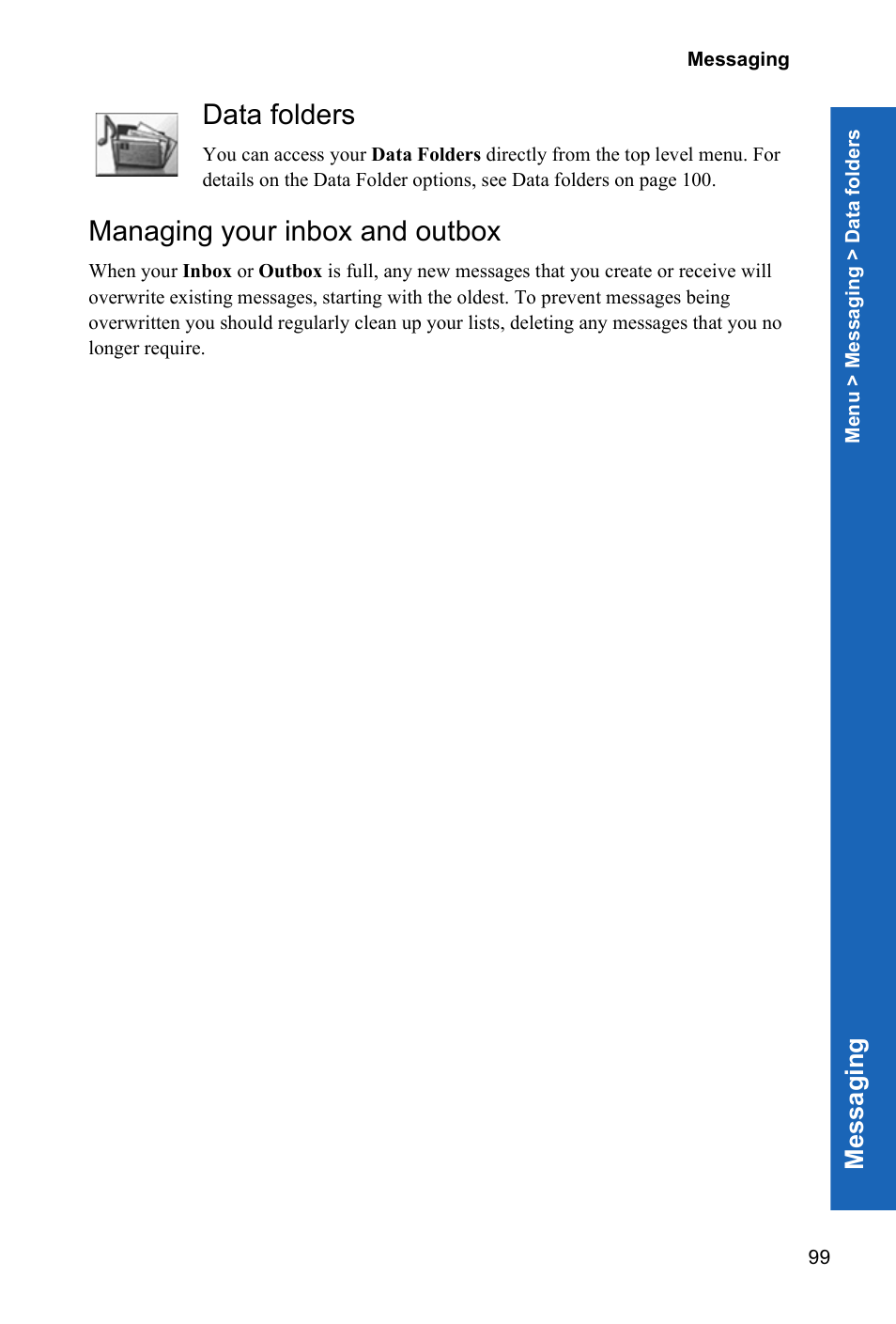 Data folders, Managing your inbox and outbox, Me ssagi n g | Panasonic X70 User Manual | Page 98 / 155