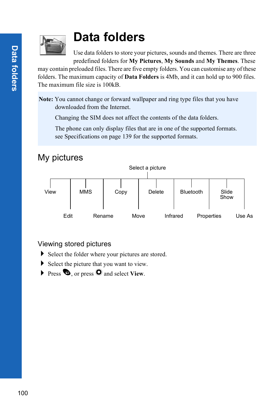 Data folders, My pictures, Viewing stored pictures | Data folde rs | Panasonic X70 User Manual | Page 99 / 155