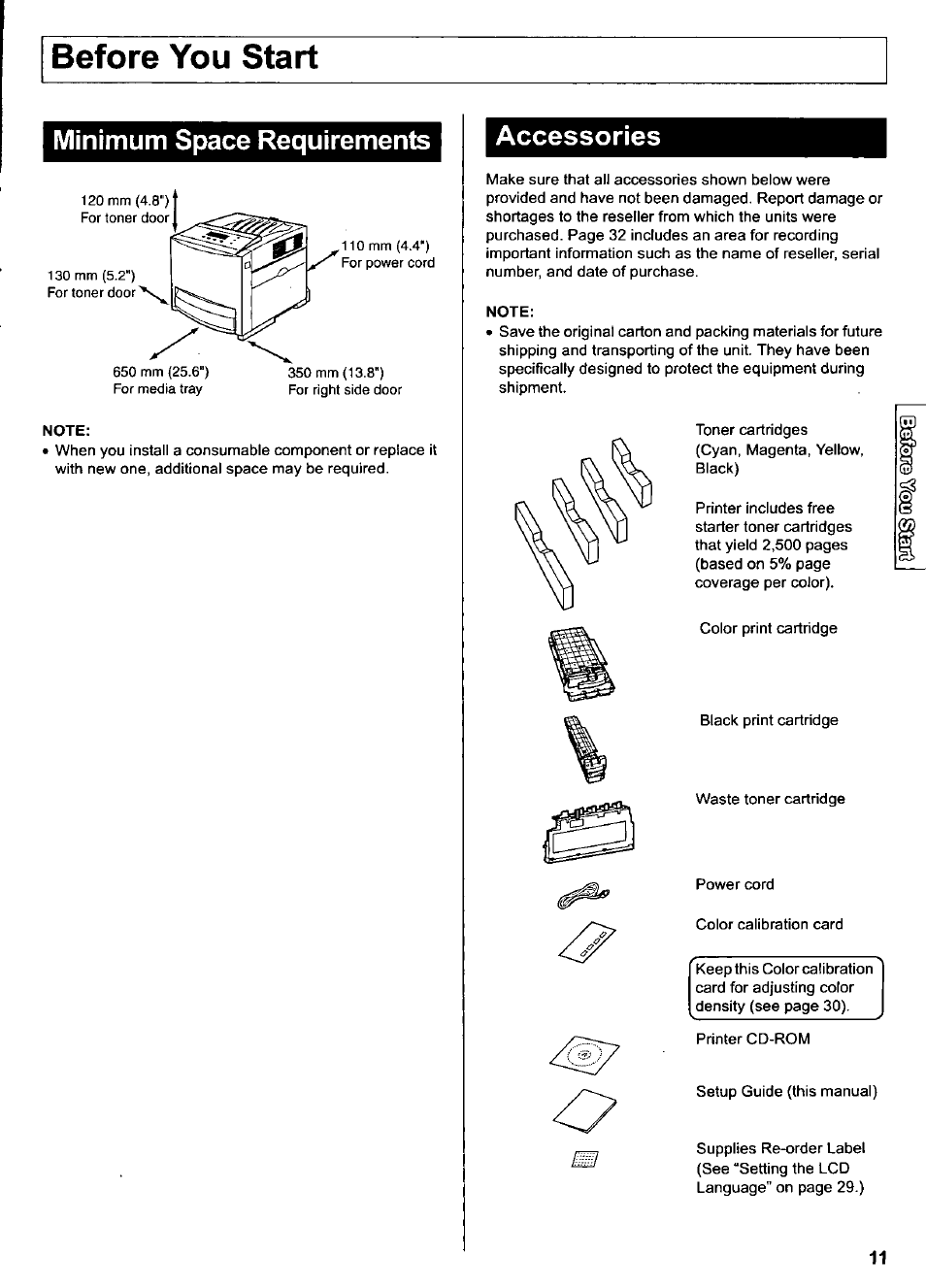 Minimum space requirements, Note, Before you start | Accessories | Panasonic KX-CL500 User Manual | Page 11 / 32