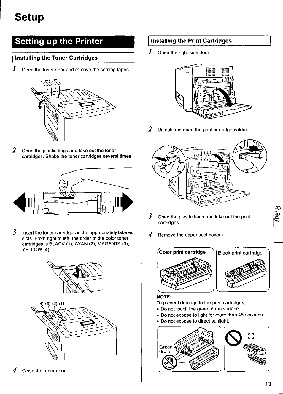 Setup, Setting up the printer, Installing the toner cartridges | Installing the print cartridges | Panasonic KX-CL500 User Manual | Page 13 / 32