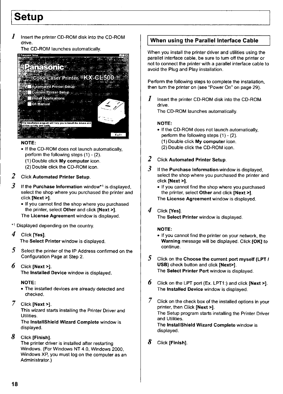 Note, Click automated printer setup, 2 click automated printer setup | Setup | Panasonic KX-CL500 User Manual | Page 18 / 32