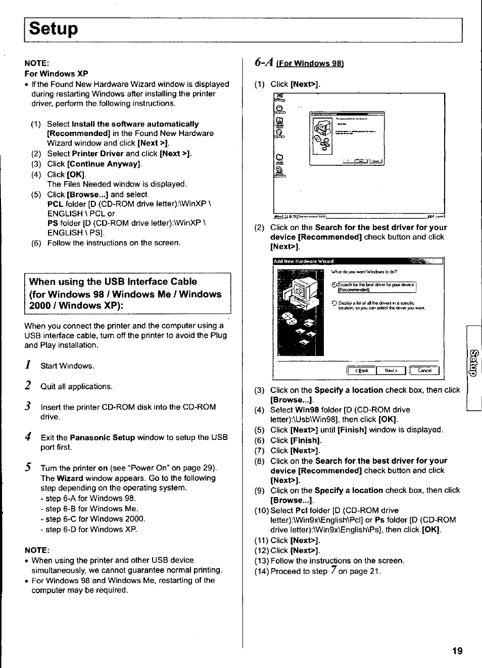 Note, Setup | Panasonic KX-CL500 User Manual | Page 19 / 32
