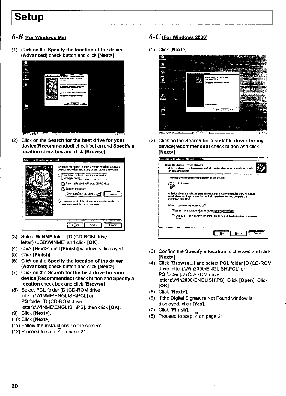 Setup, B (for windows me, 6~c ffor windows 20001 (1) click [next | Panasonic KX-CL500 User Manual | Page 20 / 32